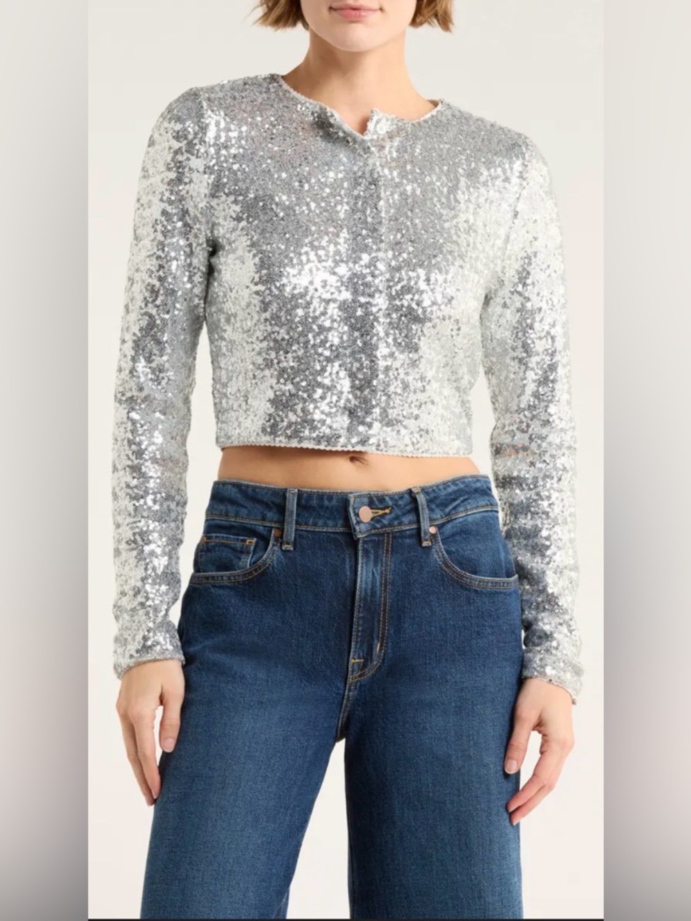 Good American Silver Sequin Long Sleeve Cardigan